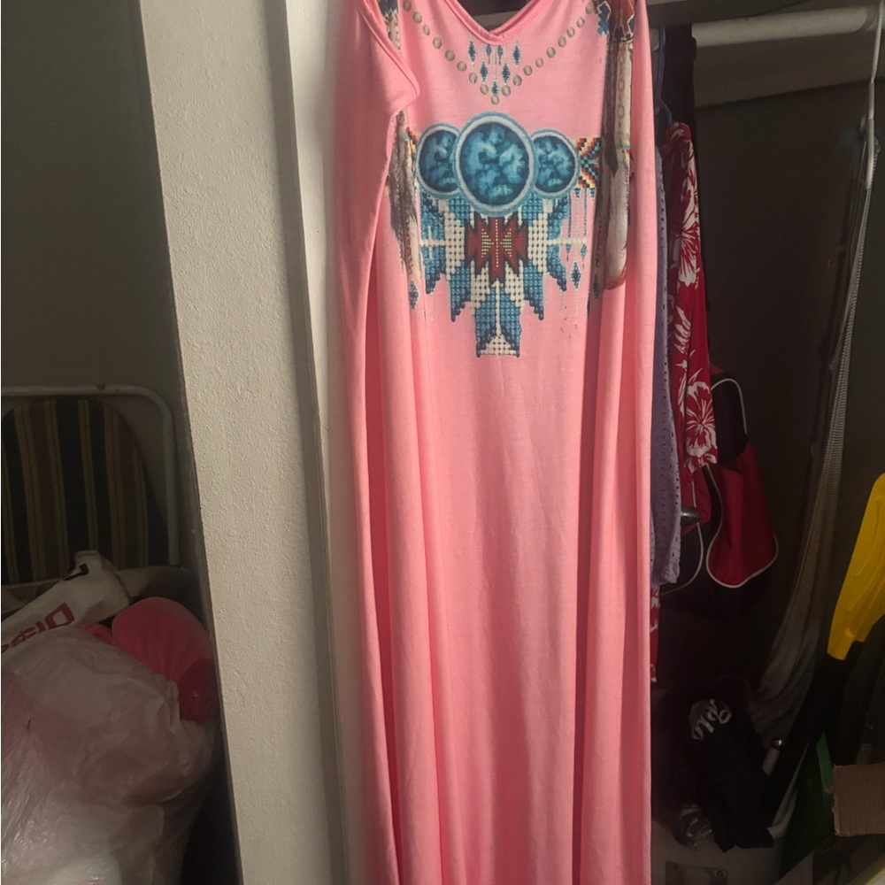 Pink Maxi Dress with Blue Tribal Print